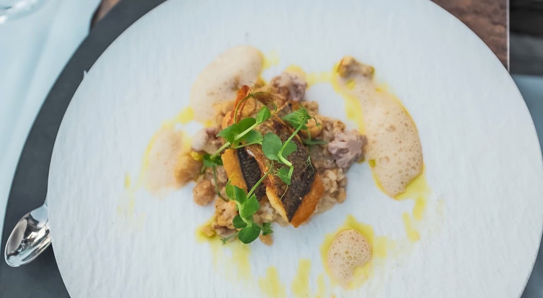 Ein kunstvoll angerichtetes Gourmetgericht auf einem wei&szlig;en Teller